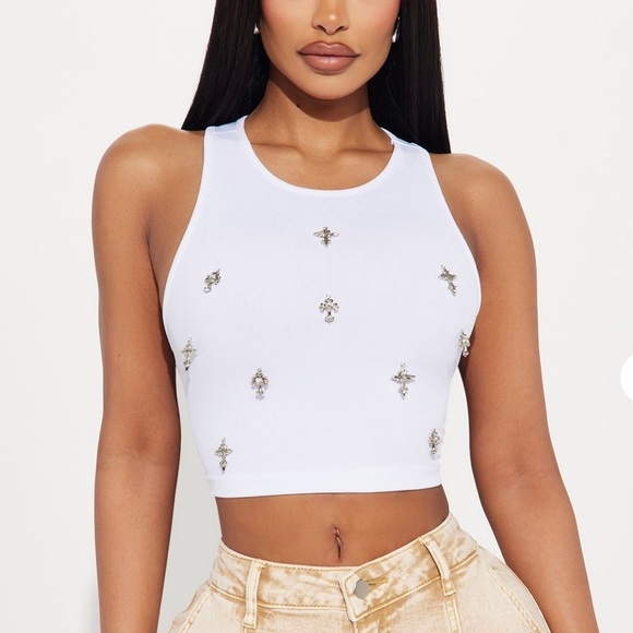 Chrome Cross Charm Tank Top in White | Edgy embellished crop tank top - Picture 2 of 6